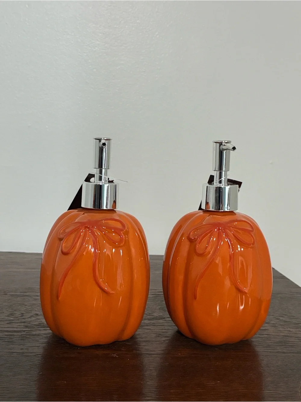 NWT- Set of 2- Orange Ceramic Pumpkin Soap Dispensers w/ Ribbons 18oz